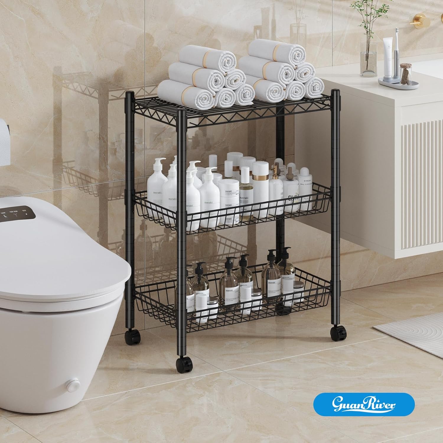 3 Tier Rolling Cart Service Cart Wire Basket Shelf Storage Trolley Shelf 2 Bottoms for Choose(Castor or Leveling Feet) for Office,Kitchen,Black(23.23 L x 13.11 W x 32.28 H)